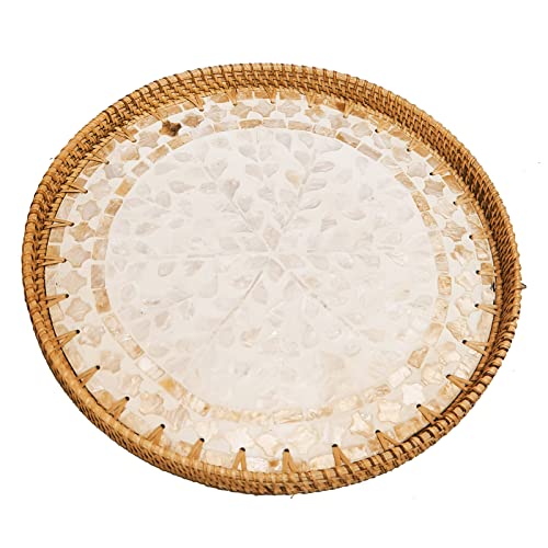 Exxacttorch 12 Inch Rattan Round Serving Basket with Beige MOP Wooden Base, Large Wicker Ottoman Basket Tray with 1”Side, Woven Basket Bowl Plates for Home Décor, Coffee Table, Display, Brown