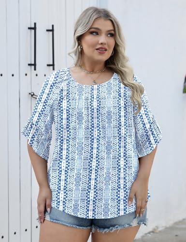 Image of Micoson Womens Plus Size Tops 3 /4 Ruffle Sleeve Crewneck Pleated Shirts
