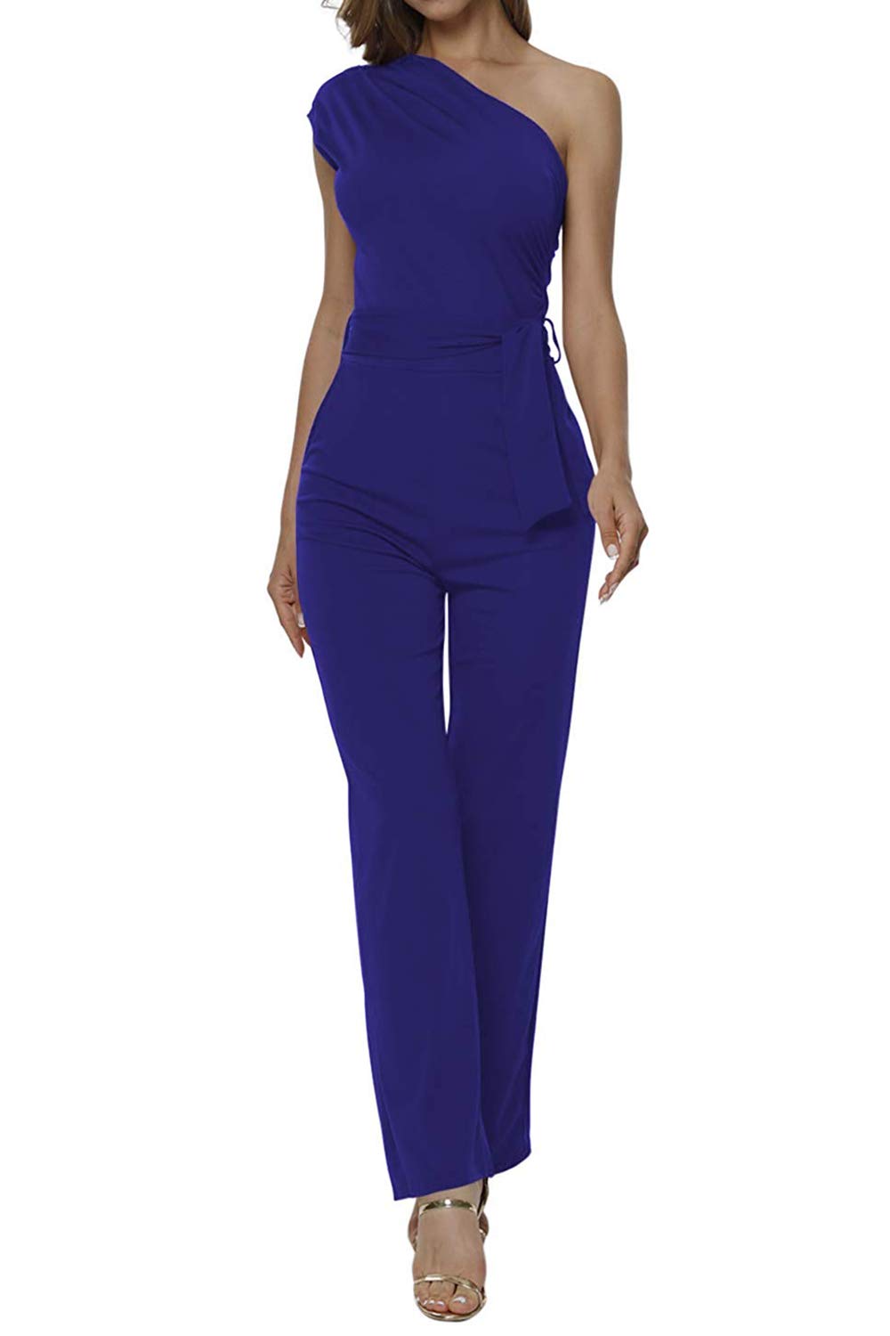 Women's Sexy One Shoulder High Waisted Wide Leg Jumpsuit with Belt