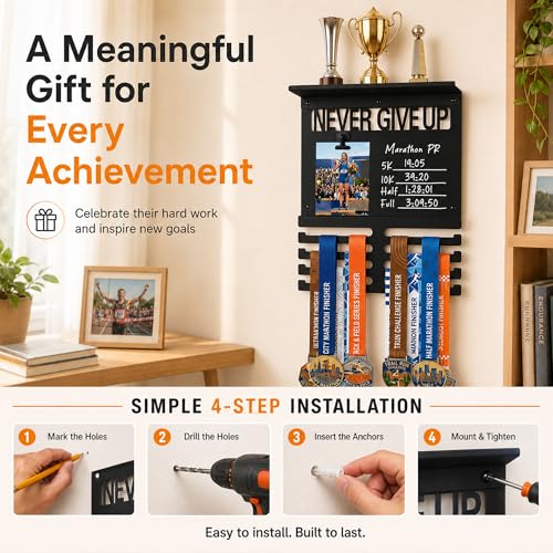Image of Running Medal Hanger Display with Trophy Shelf, Never Give Up Race Medal Display with Photo or Race Bib Holder, Writable Goal Area, Wall Mounted, Black