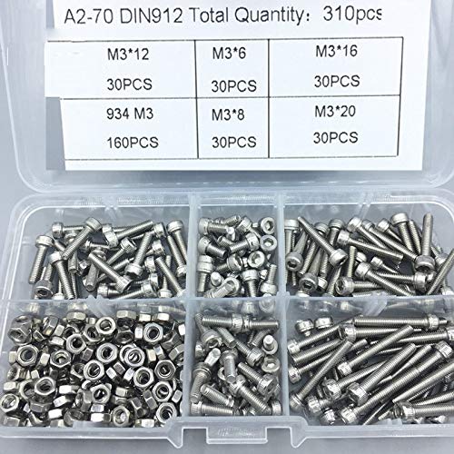 Lilianos M3 DIN912 304 Stainless Steel Hexagon Socket Head Cap Screws Nuts Assortment Kit Hex Socket Screw Precise Metric Bolts Nuts Set
