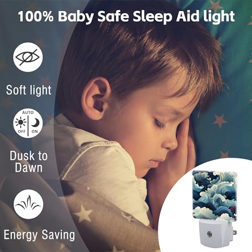 Image of Blue White Ocean Waves Night Light Plug into Wall,Cartoon Sea Waves Dusk to Dawn Night Light Plug in,0.5w Energy Saving Sleep Friendly NightLight for Kids Boys Girls Home Decor