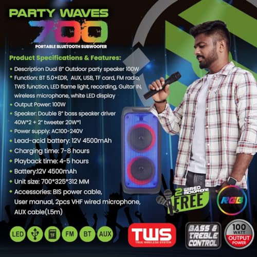 Image of Party Waves 700 | 100W Portable Bluetooth RGB Subwoofer Speaker with FM /USB /AUX /SD Slot, Include Remote Control, Wireless Microphone | 6 Hours Play Time | Party Lights and Carry Handle, Black