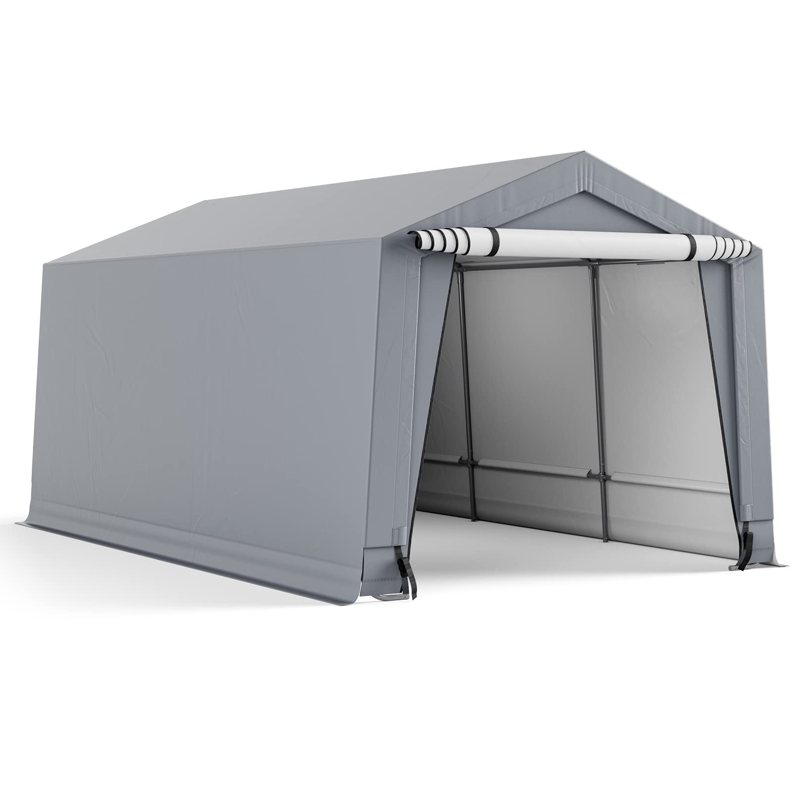 GOPLUS 3 x 4,9 M Outdoor Carport Toldo, portátil, Refugio de Coche, Tienda de Garaje con Puerta Desmontable, Vigas Triangulares estables, Marco de Acero, Resistente a la Intemperie de Almacenamiento