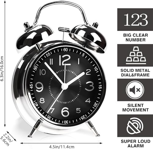 Image of RUCON Table Analog Clock 4.5 Inches Alarm Super Loud for Heavy Sleepers Retro Twin Bell Metal Frame Clock with Night Backlight Function Bedside Alarm for Bedroom /Office (Black Silver)
