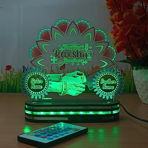 Image of lampees Personalized Raksha Bandhan 3D LED Lamp Brother Sister Name | UV Printed, Multi Colour LED, Remote Controlled, Customisable Names, Acrylic Stand