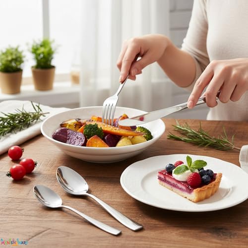 Image of Mirror Polished Silver 24 Pcs Stainless Steel Cutlery Set for Dining Table, Dishwasher Safe Glossy Flatware (6 Spoon Set + 6 Forks Set + 6 Butter Knife + 6 Dessert Spoon)