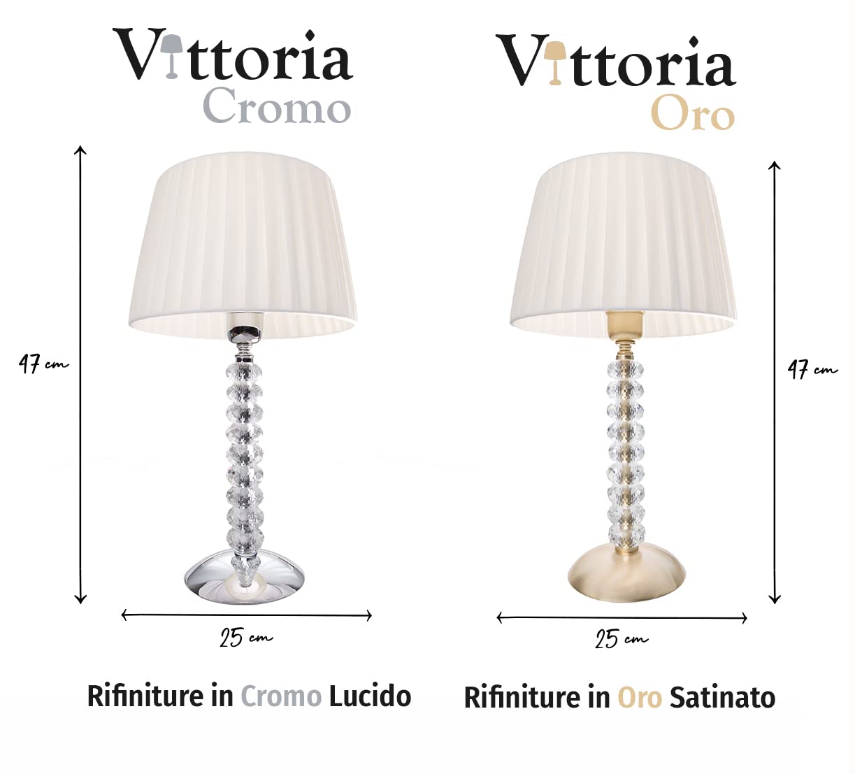 Vittoria: Lampada da tavolo elegante in vero Cristallo con rifiniture in Cromo Lucido e Oro Satinato e paralume fatto a mano Avorio | Lampadina inclusa