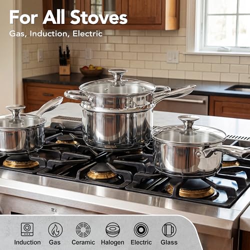 Image of MICHELANGELO Stainless Steel Saucepan Set with Lids 1QT & 2QT & 3QT, Stainless Steel Sauce Pot Set 6 Piece, Nonstick Saucepans, 6 Piece Sauce Pan Set, Dishwasher Safe, Induction Compatible