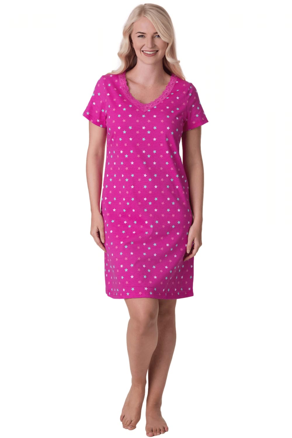 Camille Women's Fuchsia Multicoloured Star Print Cotton Summer Nightshirt In Size 18-20