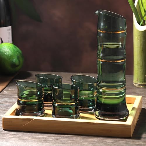 DUJUST Japanese Sake Set for 4, Bamboo Design in Golden Trim, 1 Sake Bottle, 1 Wooden Sake Tray, and 4 Sake Cups, Cold/Warm/Hot Sake Carafe, Special Japanese Gifts Set - 6 pcs (Gradient Green) by DUJUST - Image 2