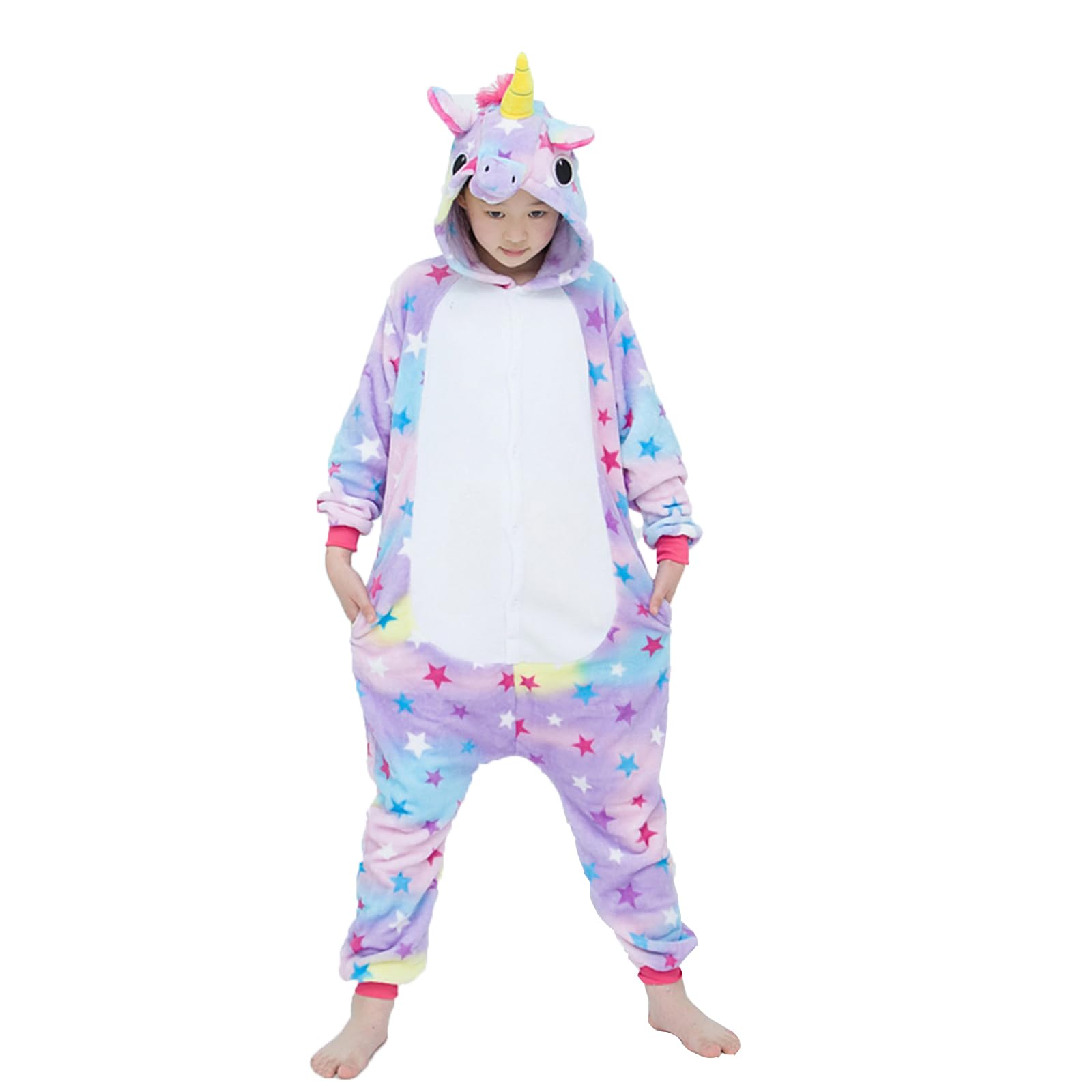 Unisex Kinder Einhorn Pyjamas Onesie Karton Animal Cosplay Fasching Kostüm Warm Gefüttert Body Overall Tier Nachtwäsche Karneval Weihnachten Xmas Pyjamas Sleepwear Jungen Mädchen