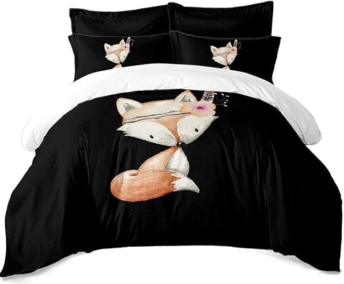 SOMCELUM Cute Fox Duvet Cover Hand-Drawn Cartoon Fox Bedding Set, Bed Sets 3/4 P