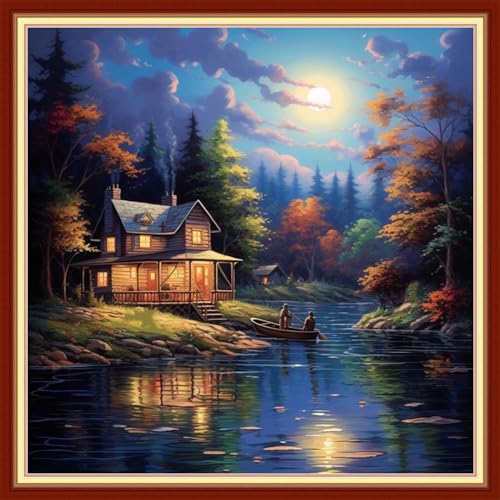 Image of Foxdiviy Stamped Cross Stitch Kits Full Range of Embroidery Needlework Starter Kits for Beginners Adults 11CT Embroidery Patterns Art Crafts DIY Needlepoint Kits-Beautiful Night Scenery 18x18 inch