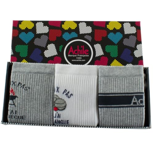 ACHILE - Coffret 3 paires mi-chaussettes à côtes thème détente semelle bouclette Fabrication Française - couleur - Blanc gris - Pointure - 39-46