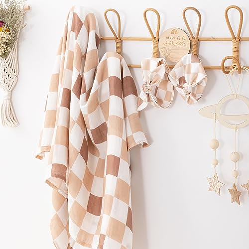 Image of BabyWhale Muslin Swaddle Blanket with Hat and Headband Bow, Checkered Pattern Swaddle Set for Baby Boys ＆ Girls, Unisex Newborn Soft Receiving Swaddle Wrap, 47x47 inches