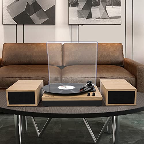 LP&No.1 Retro Belt-Drive Bluetooth Turntable with Stereo Bookshelf Speakers, 3-Speed Vinyl Record Player with Wireless Playback and Auto-Stop, Light Wood - Thumbnail 7