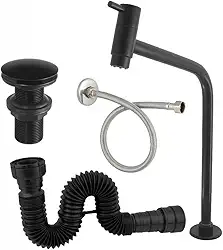 Kit para Banheiro em Metal, Torneira de Bancada Alta, Ralo com Válvula Click 7/8, Sifão e Engate 40cm, Preto