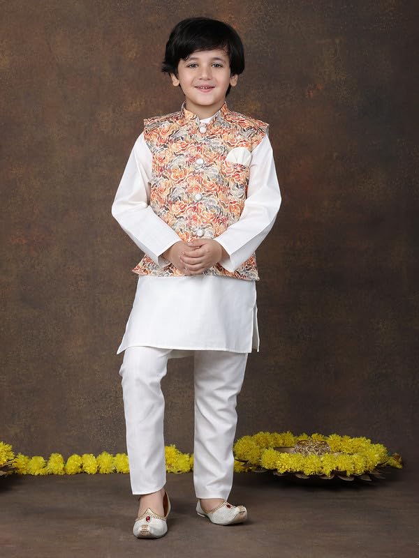 Image of superminis Boys Cotton Printed Full Sleeves Kurta Pyjama with Jacket Ethnic Wear Set