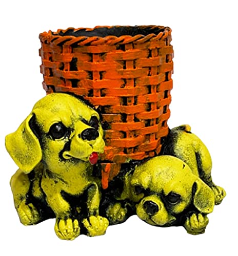 Image of AUGEN Pen Stand Decorative Hand Painted Two Puppy, Dog Design Stationery Holder | Gift Item | Table Top Decor (1052)