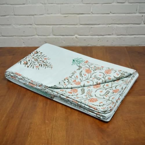 Image of HUESLAND 100% Cotton Reversible Dohar Single Bed Cotton | Soft Cambric Weave, Lightweight AC Blanket for Summer & All Weather Use | 56 x 89 inches, Botanical Fusion - Celest Blue, Green & Mustard