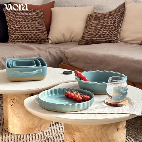 Image of Mora Ceramic Set of 2 Baking Dishes For Casserole, Banana Bread, Brownies, Broiling, Roasting, and Baking. 7x11 in and Loaf Pans - Porcelain Serving Bakeware from Oven to Table. Freezer Safe - Iris