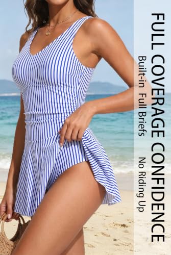 Image of Yonique One Piece Swimsuits for Women Modest Tummy Control Swimdress Vintage Bathing Suits Skirt Swimwear