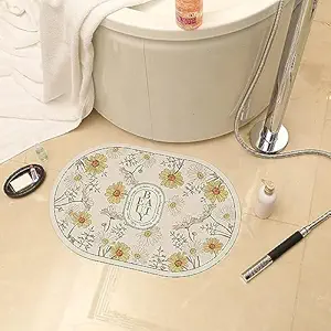 House of Quirk Oval Absorbent Quick Dry Bath Mat, Upgrade Your Bathroom with Thin Bathroom Rugs Fit Under Door - Non Slip, Flat, Fast Drying, Washable (White/Yellow Flower)