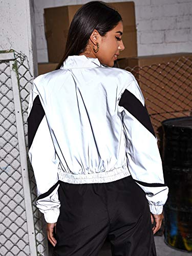 Floerns Women's Long Sleeve Lightweight Crop Bomber Jacket Silver and Black M2