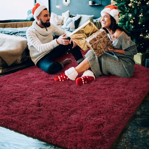 HOMORE Wine Red Rugs for Living Room, 5x8 Feet Fluffy Burgundy Area Rug Modern Shag Rugs for Bedroom, Super Soft Furry Carpet for Kids Room, Cute Rugs and Carpets for Nursery Girls Home Dorm Decor