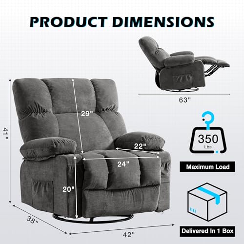 Image of MAHOMICO Recliner Chair Oversized Swivel Rocker with Vibration Massage & Lumbar Heating, 360 Swivel, USB Charging Port, Cup Holders & Side Pocket for Living Room