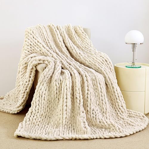 Admitrack Chunky Knit Blanket Throw 51"x63", 100% Hand Knit Cheni...