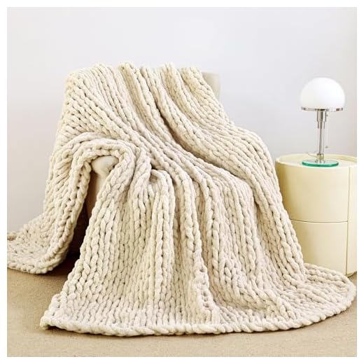 Admitrack Chunky Knit Blanket Throw 51"x63", 100% Hand Knit Chenille Throw Blanket for Sofa & Home Decor, Soft and Cozy Knitted Throw Blankets (Ivory，51"x63")