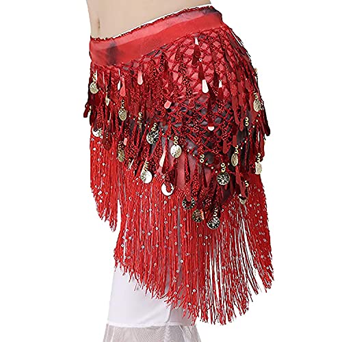 Image of VRITRAZ Women's Chiffon Belly Dance Hip Scarf Waistband Belt Skirt Mixed Colors Sequence Beads and Coins