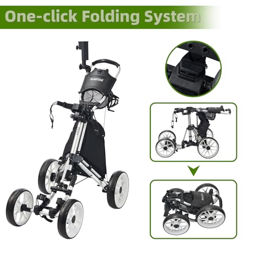 Image of Golf Push Cart 4-Wheels,Folding Golf Cart, Golf Pull cart with Cup Holder,Umbrella Holder,Cooler Bag, Foldable with one-Click,Handle Height Adjustable,Drink Holder,Walking Push cart