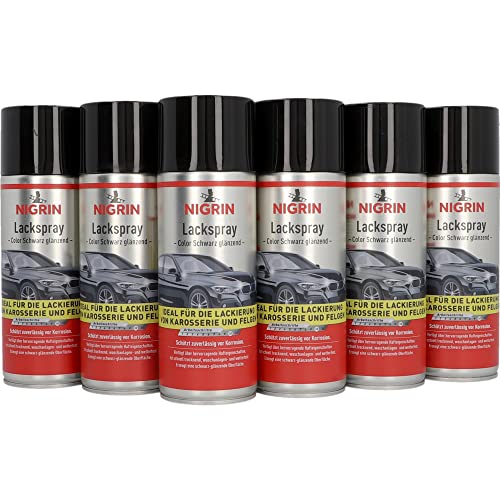 NIGRIN Lackspray 6 x 400 ml schwarz glänzender Autolack schützt Felgen und Karosserie vor Rost schnell trocknend