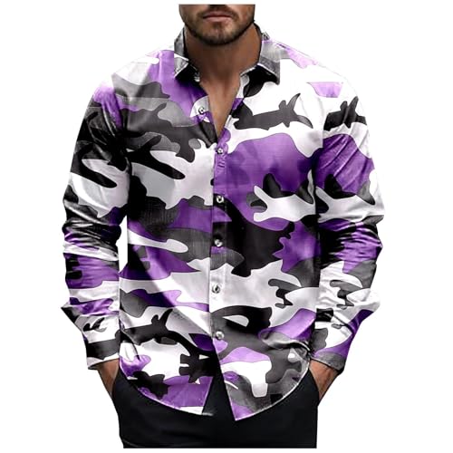 Shunking Camo Shirts for Men Trendy Button Down Long Sleeve Shirt Outdoor Casual Losse Collared Tees Spring Fashion Tops (Purple, XL)