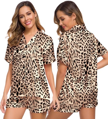 Image of SWOMOG Womens Silk Satin Pajamas Set Short Sleeve Sleepwear Button Down Top and Shorts Loungewear 2 Piece Pjs Set XS-3XL Brown Leopard Medium