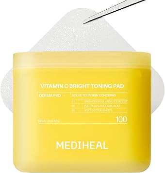 MEDIHEAL Toner Pads 100 Count - Vitamin C Skin Toning - Radiance Booster for Clear & Illuminating Skin - Contains Niacinamide for Blemish Care - Vegan Stretchable Fabric Pads, Korean Skin Care