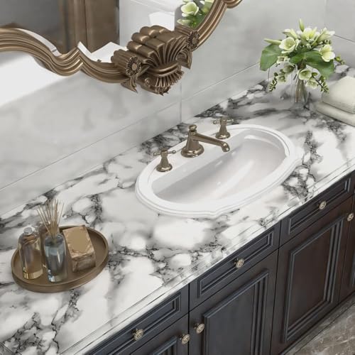 Image of WISDOM White & Black Marble Wallpaper Peel and Stick Contact Paper for Countertops Waterproof Self-Adhesive Marble Wallpaper for Kitchen Desk Cabinet (White Fiber Marble, 12x72 Inch)