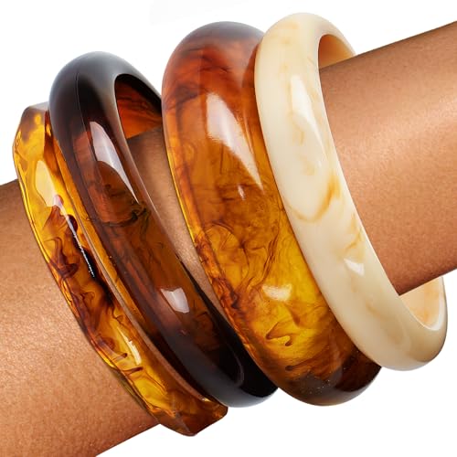 Addveyra Resin Bangle Bracelets for Women Acrylic Brown Chunky Wrists Cuff Stack Thick Jewelry Set 4 Pcs