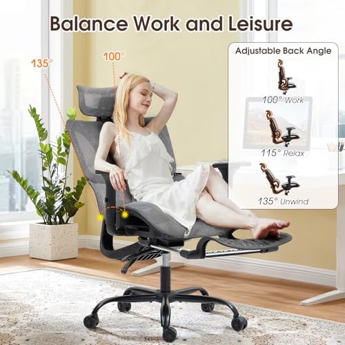 Image of ECOTOUGE Mesh Ergonomic Office Chair with Footrest, High Back Mesh Gaming Chair with Lumbar Support, Adjustable Headrest and Armrests for Home Office Desk Chair, Grey