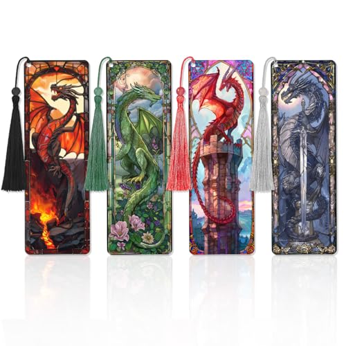 Zaamwoyy 4 Pcs Stained Glass Dragon Bookmarks Gifts for Women Men Transparent PVC Bookmark with Tassels Cool Book Lovers Accessories Unique Reading Book Marks for Bookish Office School