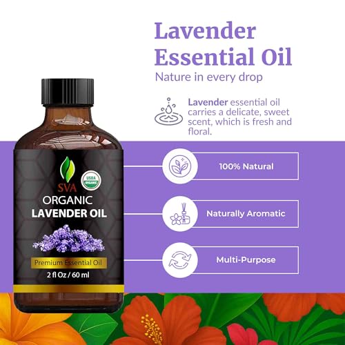 Image of SVA Lavender Essential Oil Organic - 2 Fl Oz - 100% Natural Organic Lavender Oil - for Diffuser, Hair, Face, Skin Care, Aromatherapy, Scalp and Body Massage, Soap and Candle Making - with Dropper