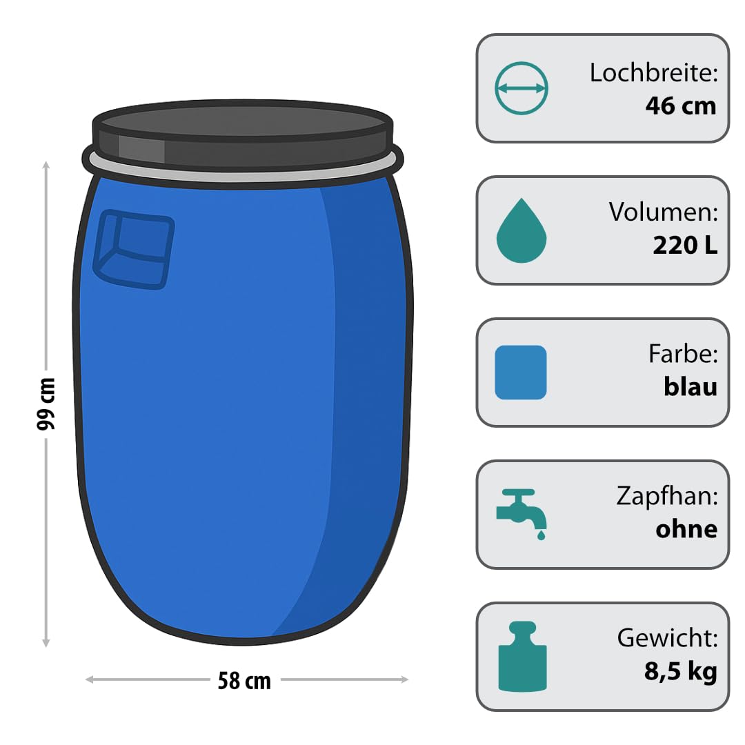 B220 C Tonneau avec Cercle, diamètre – 58 cm, contenance – 220 Litre, Bleu