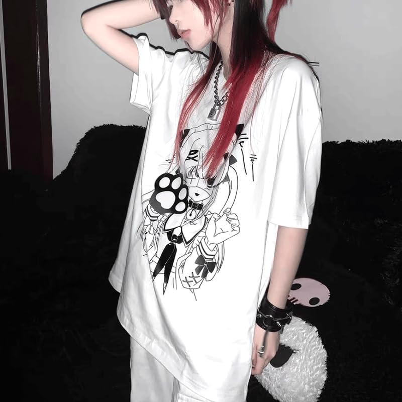 Harajuku Y2K Kawaii Gothic Clothes Casual Loose Soft Crewneck Cute Cartoon Anime Girl with Paw Print T-Shirt - Image 3