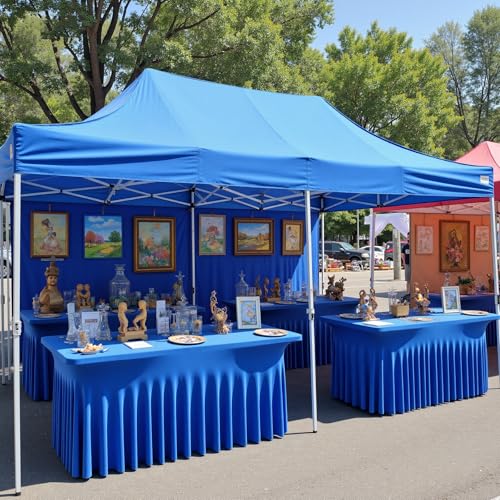 Image of 6 pk Royal Blue Spandex Tablecloths 8ft with Ruffle Table Skirt, Wrinkle Free Stretchy Fitted Tablecloth for 8 Foot Rectangle Tables, Elastic Spandex Table Covers 8ft for Party Wedding Banquet