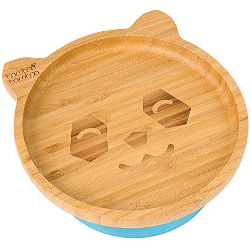 Image of Bamboo Baby Plate with Suction - Kids and Toddler Suction Cup Plate for Babies, Non-toxic All-Natural Bamboo Baby Food Plate Stays Cool to the Touch for Baby-Led Weaning (Panda-Blue)