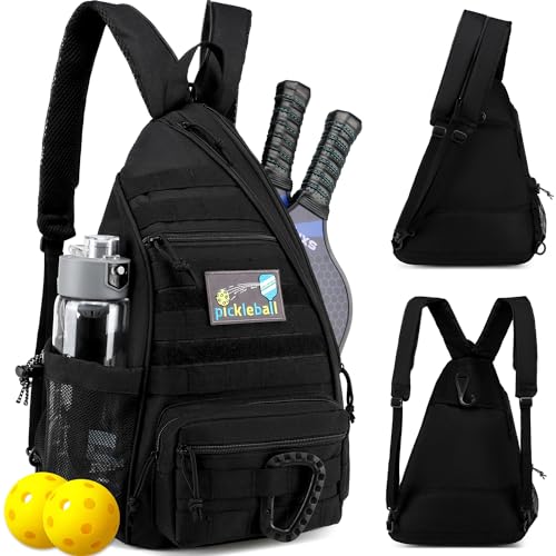 SunForMorning Pickleball Bag, Tactical Pickleball Backpack for Women Men, Adjustable Sling Bag with Fence Hook Water Bottle (Includes 2 Patches+1Carabiner), Black