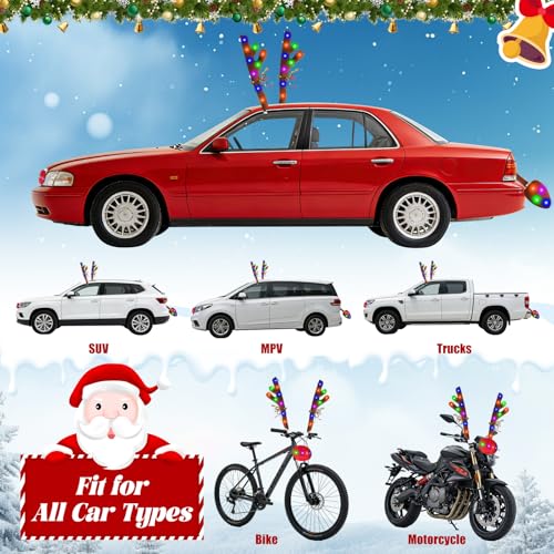 Image of Christmas Reindeer Antlers Car Decoration Kit with LED Multicolor Lights, Top & Grille Xmas Auto Decoration Rudolph Reindeer with Red Nose,Tail & Jingle Bel
